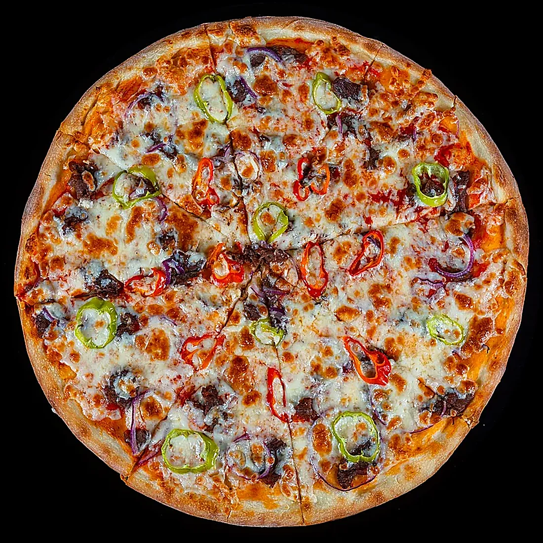Pizza with peppers, red onion and melted mozzarella